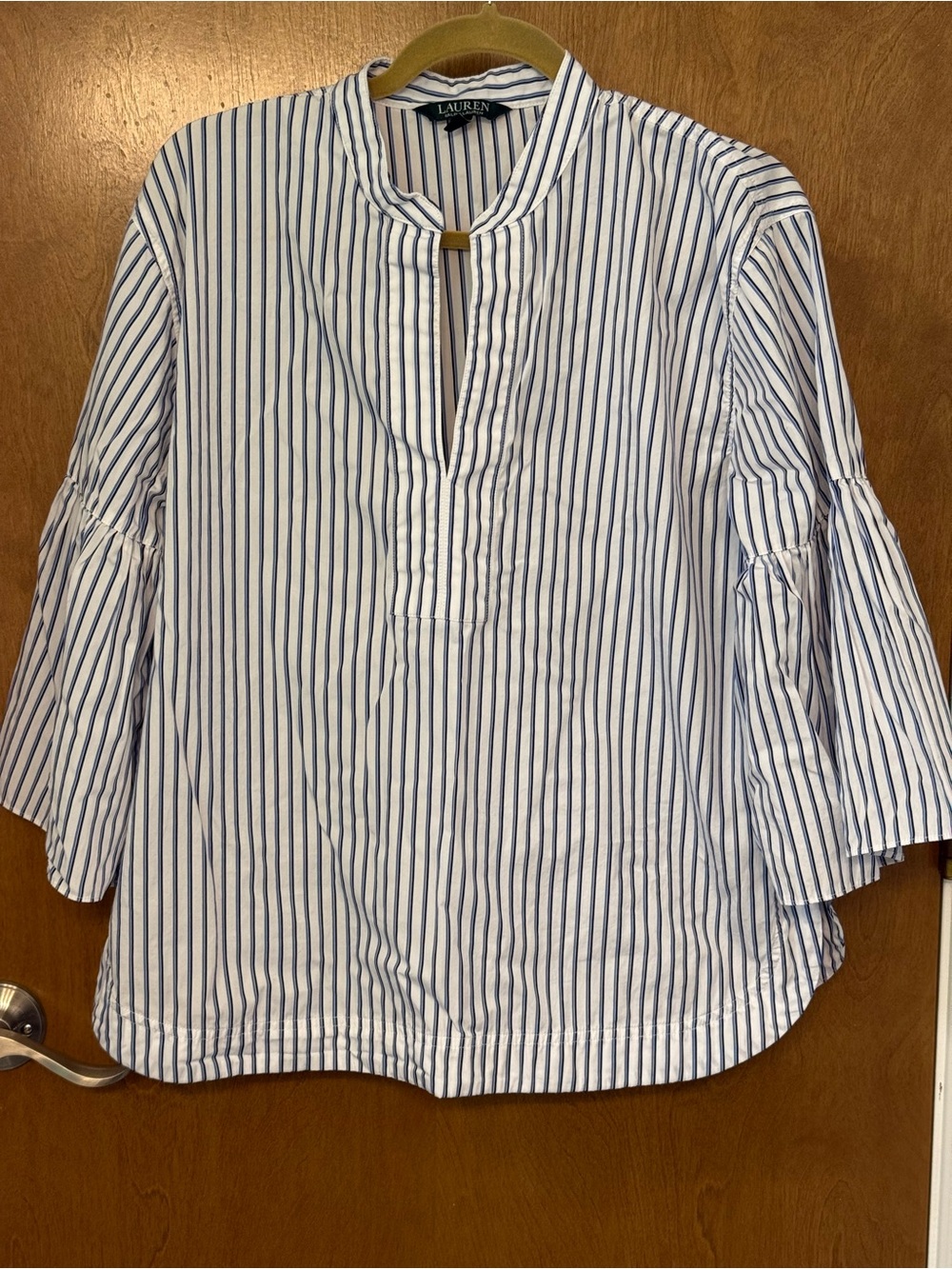 Lauren Ralph Lauren Women’s L Blue White Striped Bell Sleeve Cotton Top